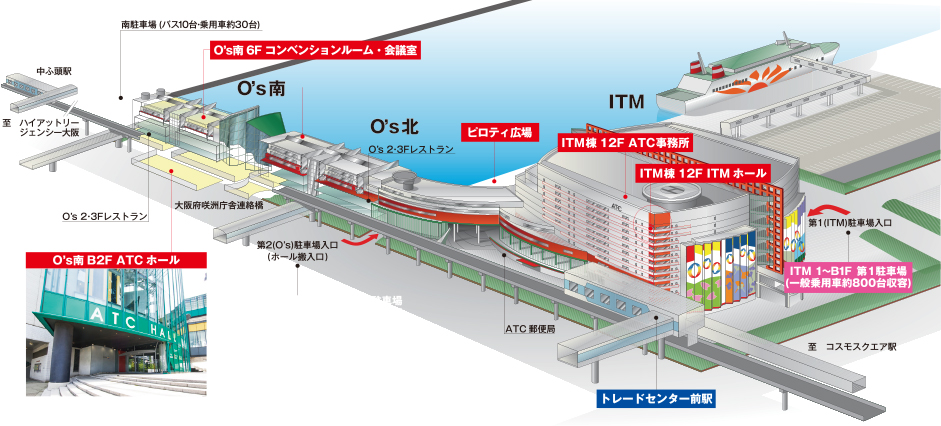 ATCビルと大阪湾の夕景、万博会場への近さを示すイメージ