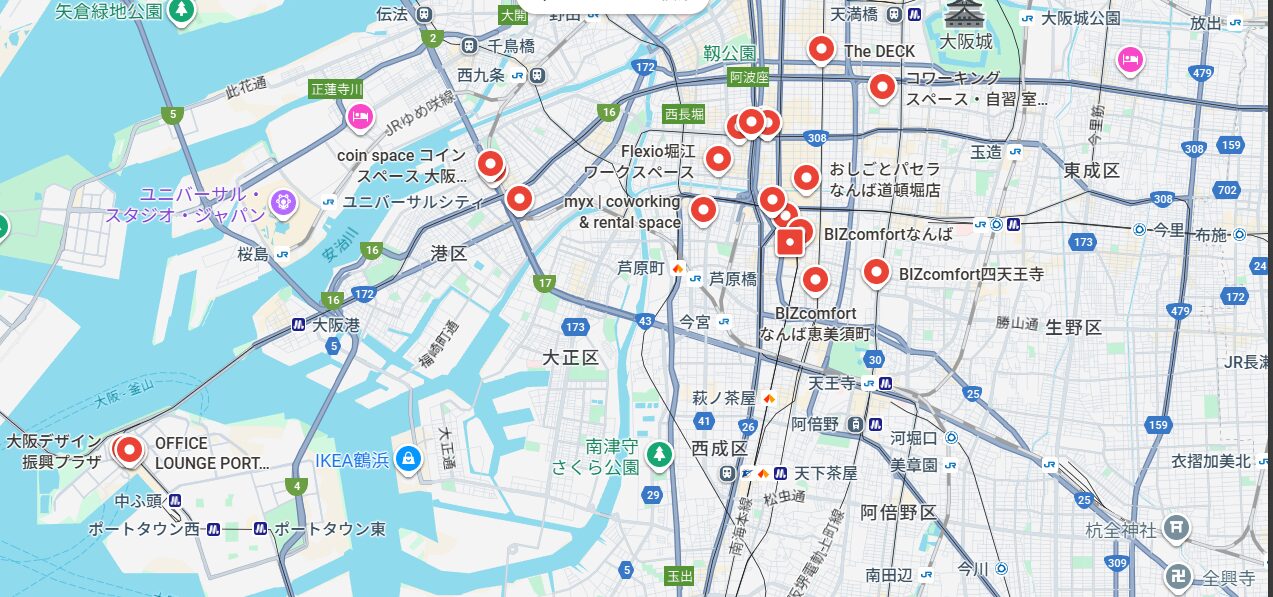 大阪市内の主要コワーキングスペース位置マップ
