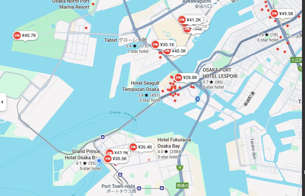 A composite image showing different workspace environments available in the Osaka Bay area, from hotel lobbies to libraries.