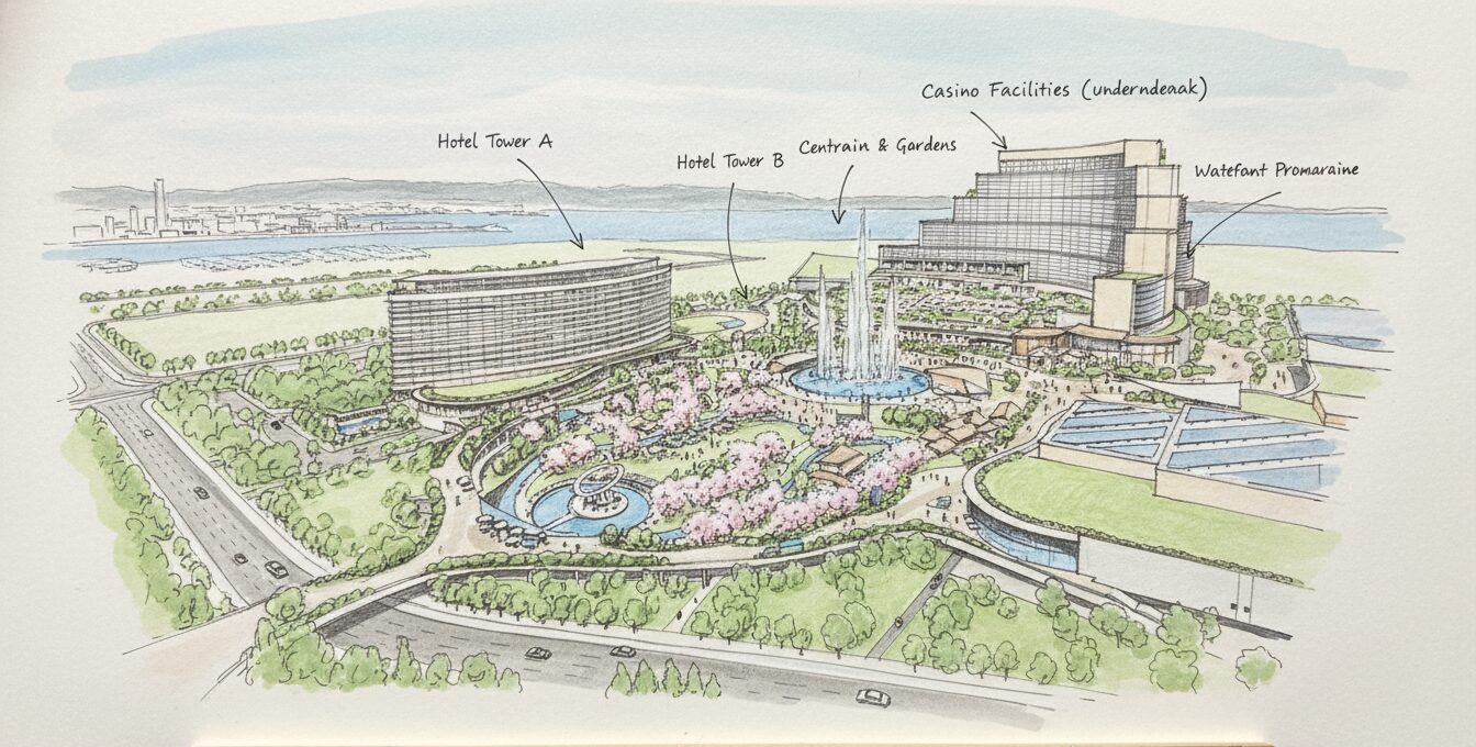 Artist's rendering of the MGM Osaka Integrated Resort showing modern architectural design with hotel towers, casino facilities, and waterfront views on Yumeshima Island