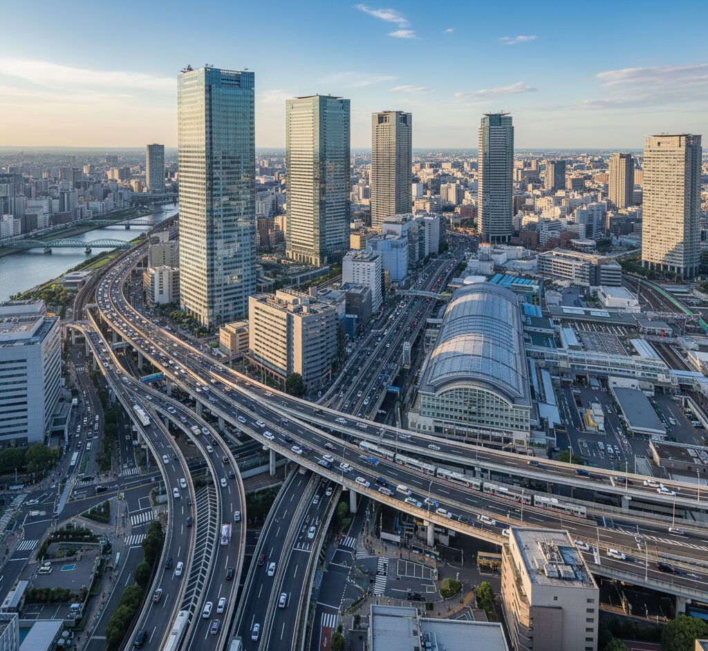 大阪市中心部の複数のビジネスビルと通勤風景が映る都市風景