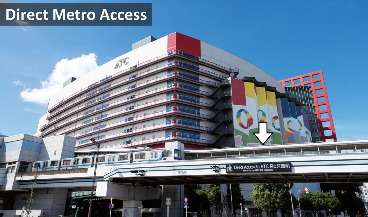 Osaka Metro train arriving at Trade Center-mae station beside Osaka Bay offices