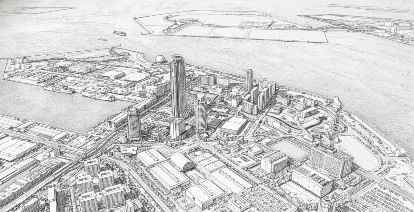 Panoramic Osaka Bay waterfront business district at sunset